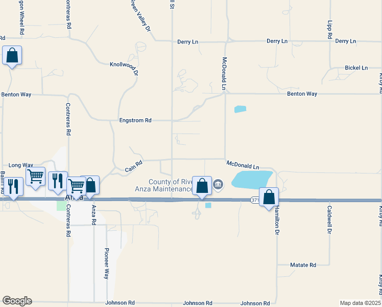 map of restaurants, bars, coffee shops, grocery stores, and more near Cain Road in Anza