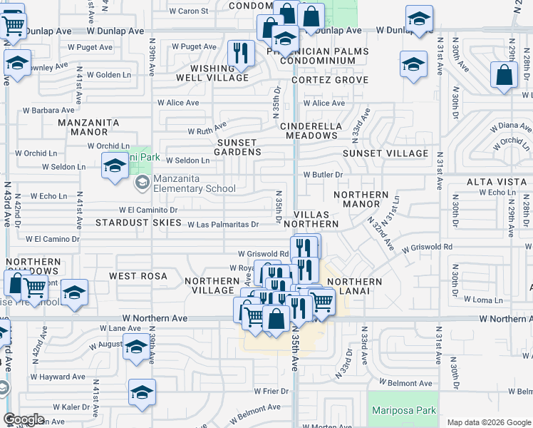 map of restaurants, bars, coffee shops, grocery stores, and more near 3530 West Las Palmaritas Drive in Phoenix