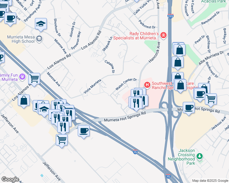 map of restaurants, bars, coffee shops, grocery stores, and more near 40680 Walsh Center Drive in Murrieta