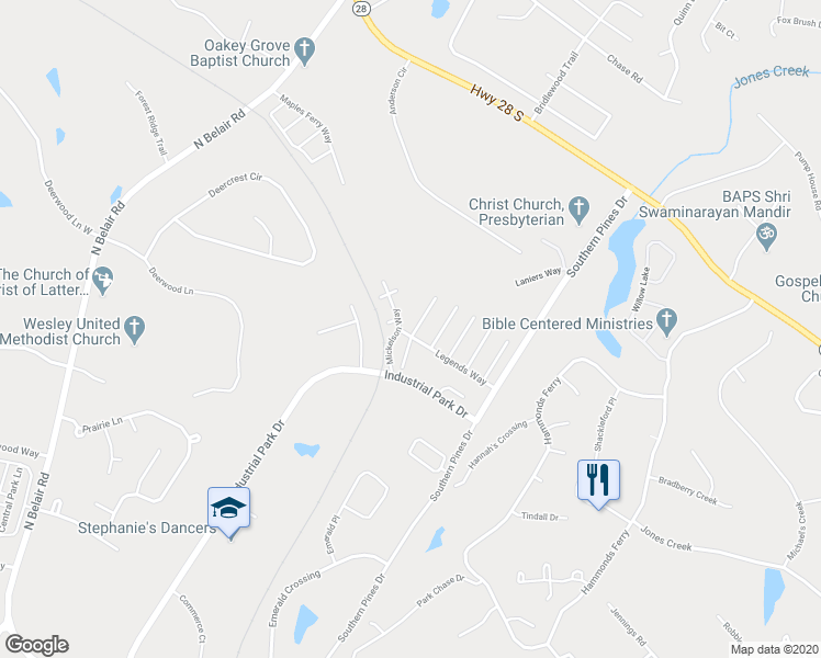 map of restaurants, bars, coffee shops, grocery stores, and more near 527 Southern Hills Drive in Evans