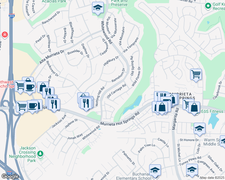 map of restaurants, bars, coffee shops, grocery stores, and more near 39795 Old Carriage Road in Murrieta
