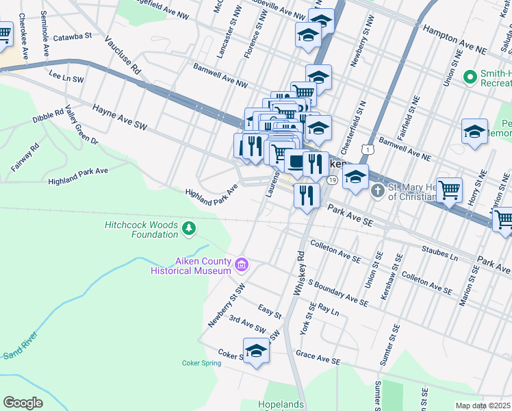 map of restaurants, bars, coffee shops, grocery stores, and more near 241 Laurens Street Southwest in Aiken