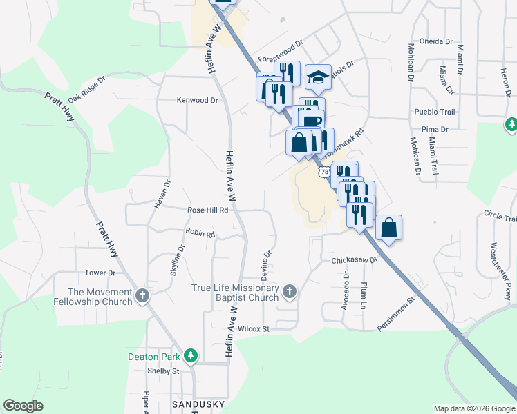 map of restaurants, bars, coffee shops, grocery stores, and more near 313 Rose Hill Road in Birmingham