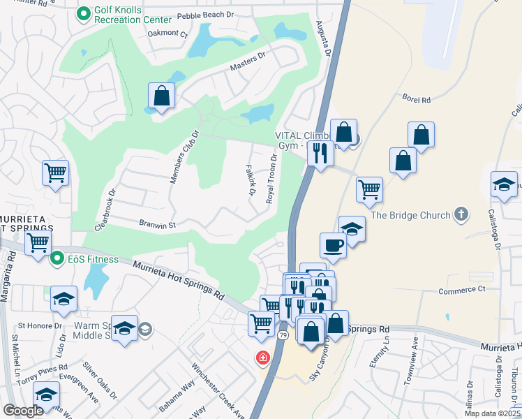 map of restaurants, bars, coffee shops, grocery stores, and more near 38728 Falkirk Drive in Murrieta