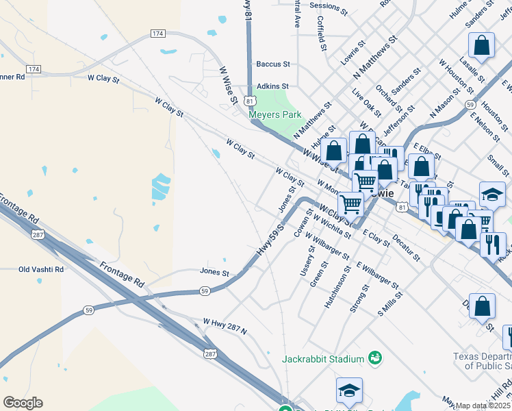 map of restaurants, bars, coffee shops, grocery stores, and more near 505 West Wilbarger Street in Bowie