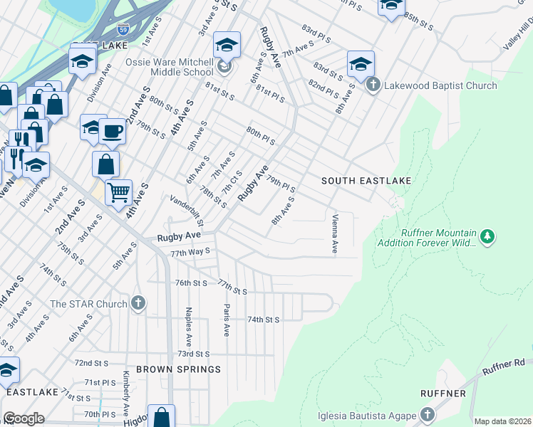 map of restaurants, bars, coffee shops, grocery stores, and more near 7825 Rugby Court in Birmingham