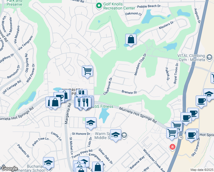 map of restaurants, bars, coffee shops, grocery stores, and more near 38729 Clearbrook Dr in Murrieta