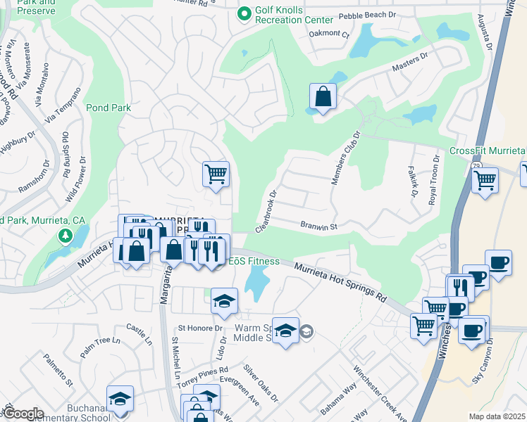 map of restaurants, bars, coffee shops, grocery stores, and more near 38729 Clearbrook Drive in Murrieta