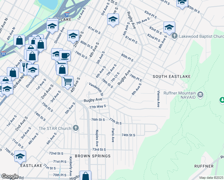 map of restaurants, bars, coffee shops, grocery stores, and more near 7792 Rugby Avenue in Birmingham