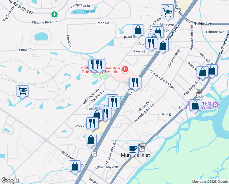 map of restaurants, bars, coffee shops, grocery stores, and more near 4269 Crepe Myrtle Court in Murrells Inlet