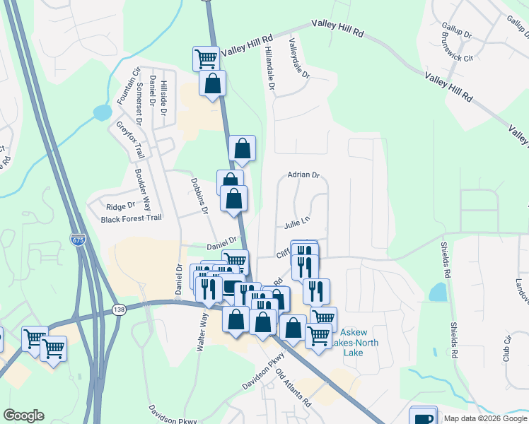 map of restaurants, bars, coffee shops, grocery stores, and more near 181 Adrian Drive in Stockbridge