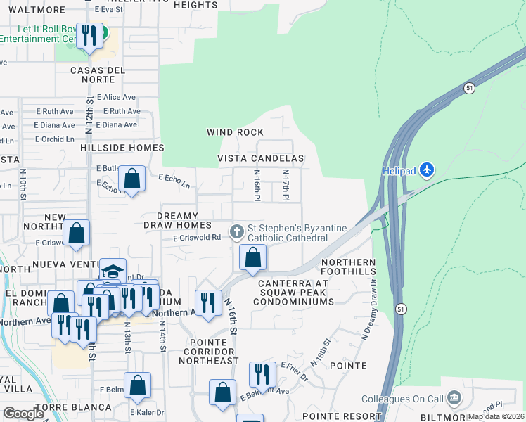 map of restaurants, bars, coffee shops, grocery stores, and more near 1670 East El Camino Drive in Phoenix