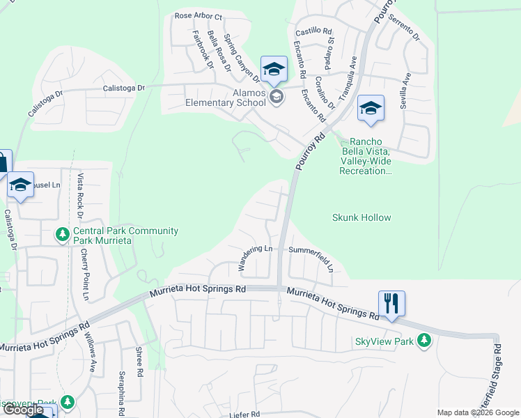 map of restaurants, bars, coffee shops, grocery stores, and more near 31455 Pear Blossom Circle in Murrieta