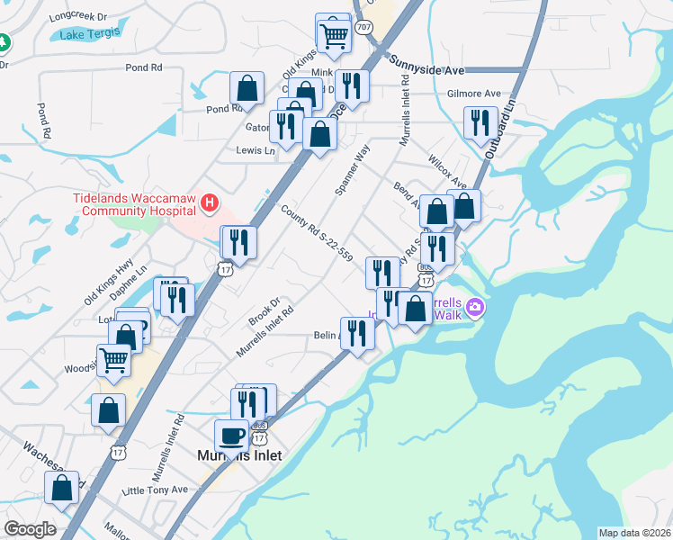 map of restaurants, bars, coffee shops, grocery stores, and more near 4123 Murrells Inlet Road in Murrells Inlet