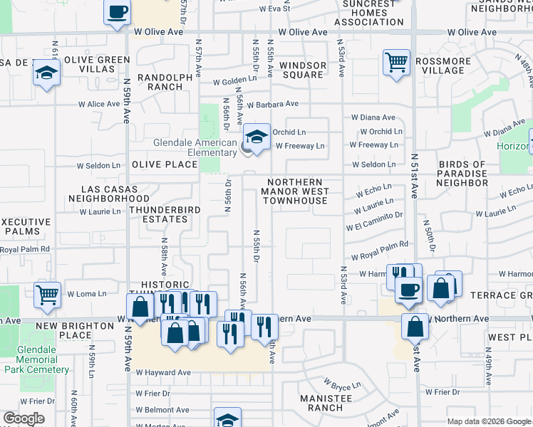 map of restaurants, bars, coffee shops, grocery stores, and more near 8334 North 55th Avenue in Glendale