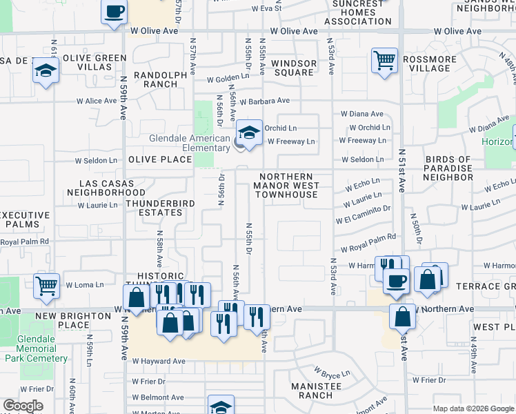 map of restaurants, bars, coffee shops, grocery stores, and more near 8334 North 55th Avenue in Glendale