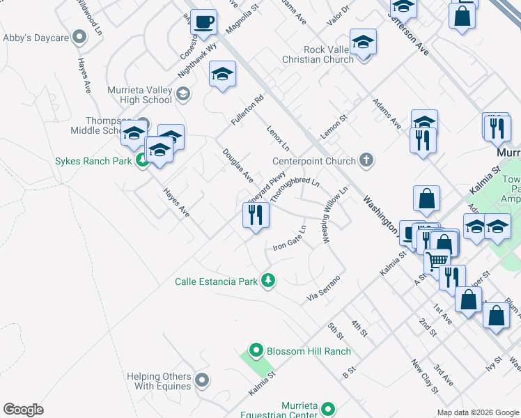 map of restaurants, bars, coffee shops, grocery stores, and more near 24329 Copperhead Circle in Murrieta