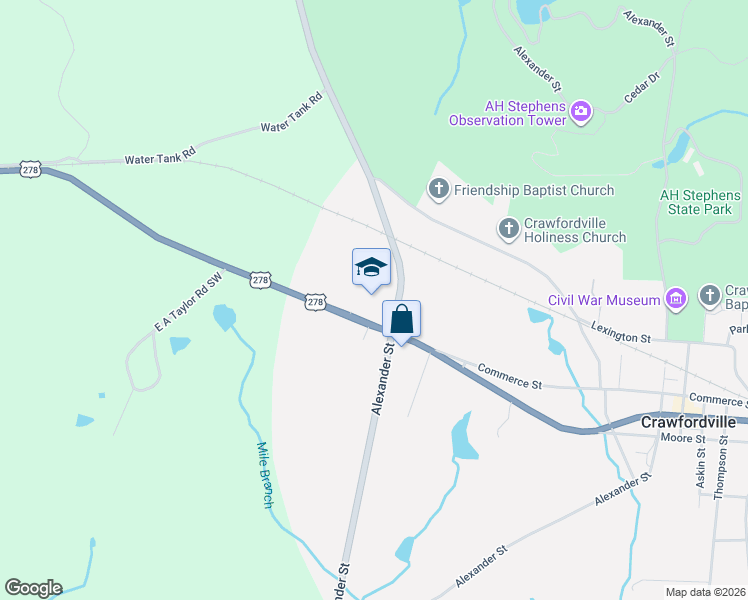 map of restaurants, bars, coffee shops, grocery stores, and more near Broad Street in Crawfordville