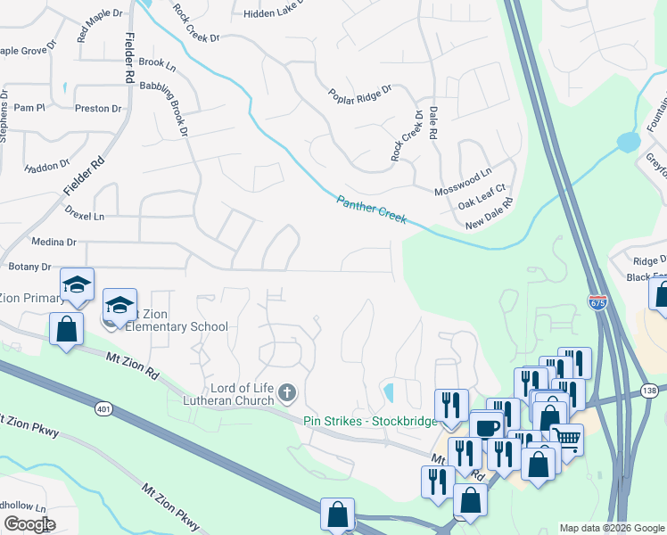 map of restaurants, bars, coffee shops, grocery stores, and more near 3320 Brookside Lane in Jonesboro
