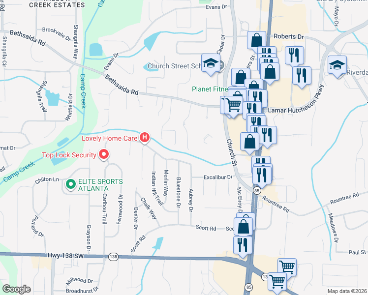 map of restaurants, bars, coffee shops, grocery stores, and more near 7214 Greystone Drive in Riverdale