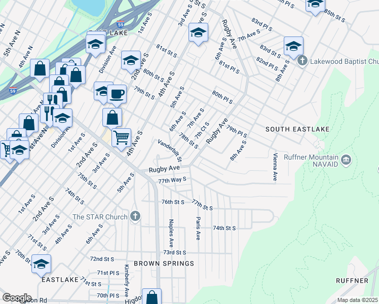 map of restaurants, bars, coffee shops, grocery stores, and more near 7780 Rugby Avenue in Birmingham