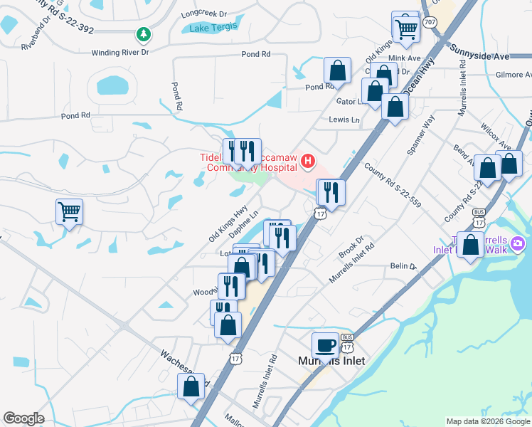 map of restaurants, bars, coffee shops, grocery stores, and more near 4276 Santolina Way in Murrells Inlet