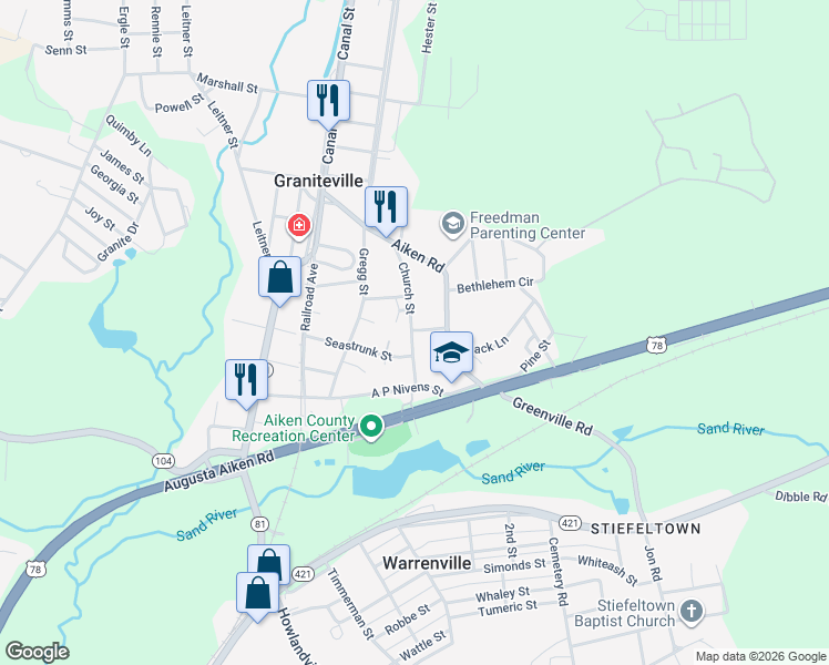 map of restaurants, bars, coffee shops, grocery stores, and more near 137 Church Street in Graniteville