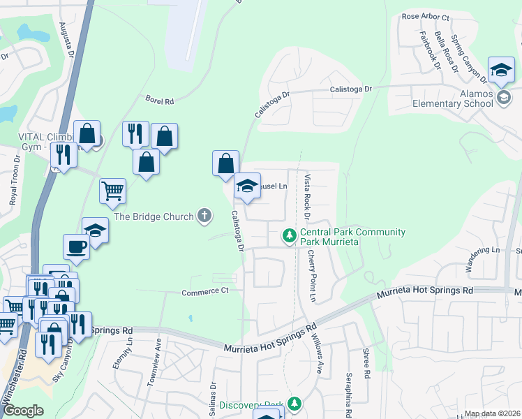map of restaurants, bars, coffee shops, grocery stores, and more near 30618 Lily Pond Lane in Murrieta