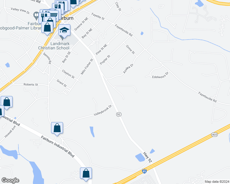 map of restaurants, bars, coffee shops, grocery stores, and more near 411 East Campbellton Street in Fairburn