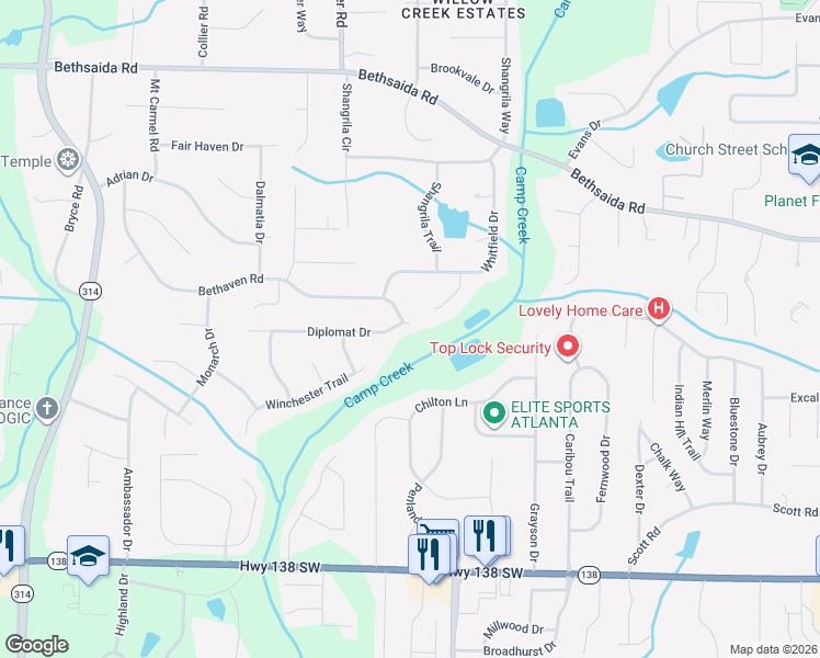 map of restaurants, bars, coffee shops, grocery stores, and more near 1341 Bethaven Road in Riverdale