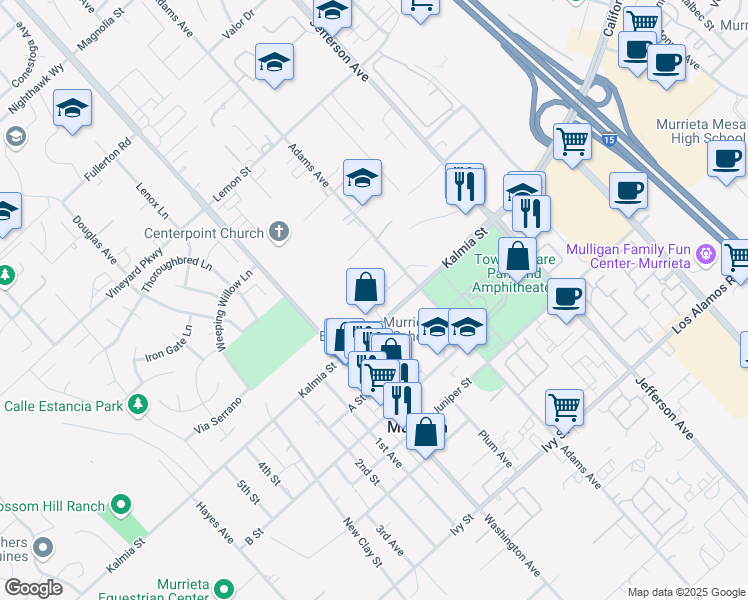 map of restaurants, bars, coffee shops, grocery stores, and more near 41851 Kalmia Street in Murrieta