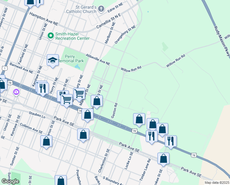 map of restaurants, bars, coffee shops, grocery stores, and more near 222 Beaufort Street Northeast in Aiken