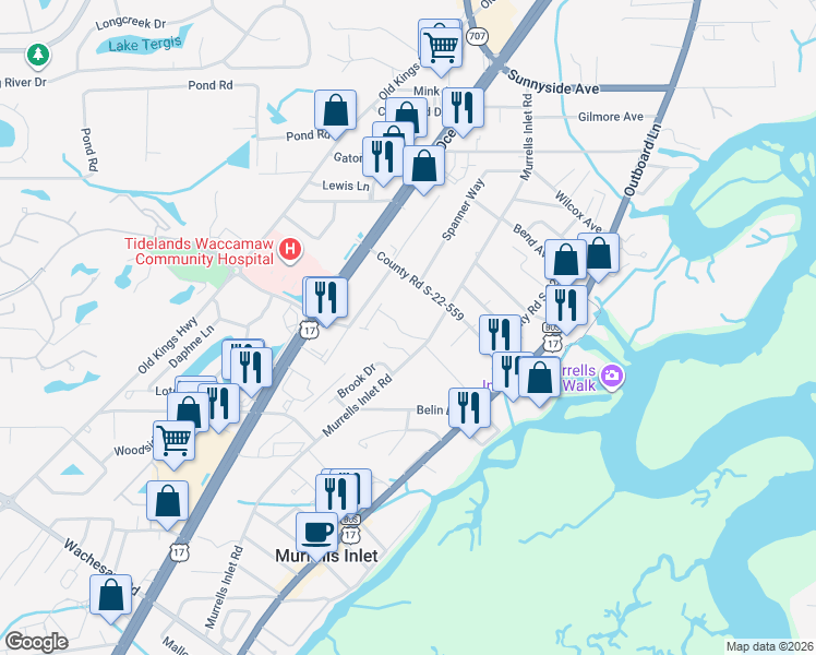 map of restaurants, bars, coffee shops, grocery stores, and more near 4162 Murrells Inlet Road in Murrells Inlet