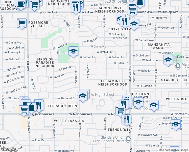 map of restaurants, bars, coffee shops, grocery stores, and more near 4550 West El Caminito Drive in Glendale