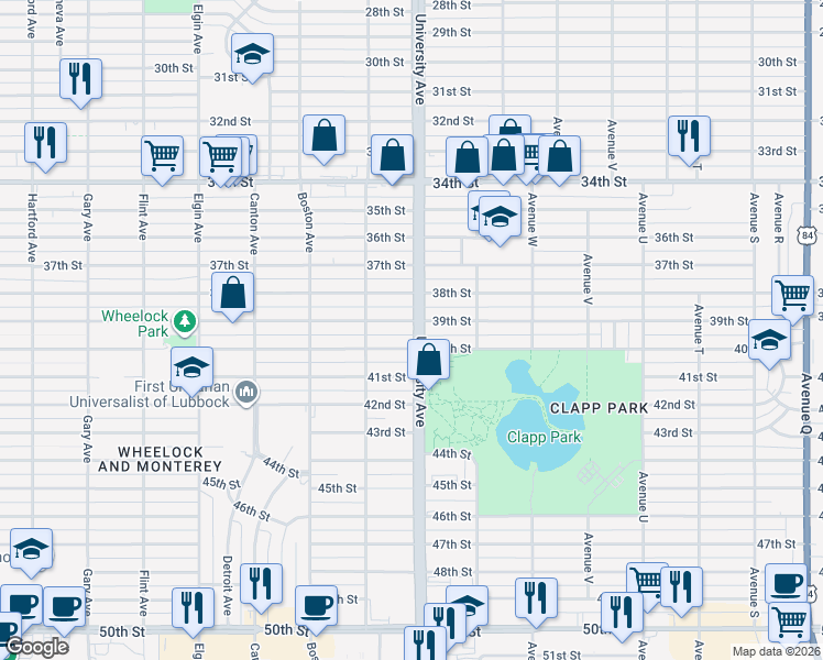 map of restaurants, bars, coffee shops, grocery stores, and more near 2506 40th Street in Lubbock