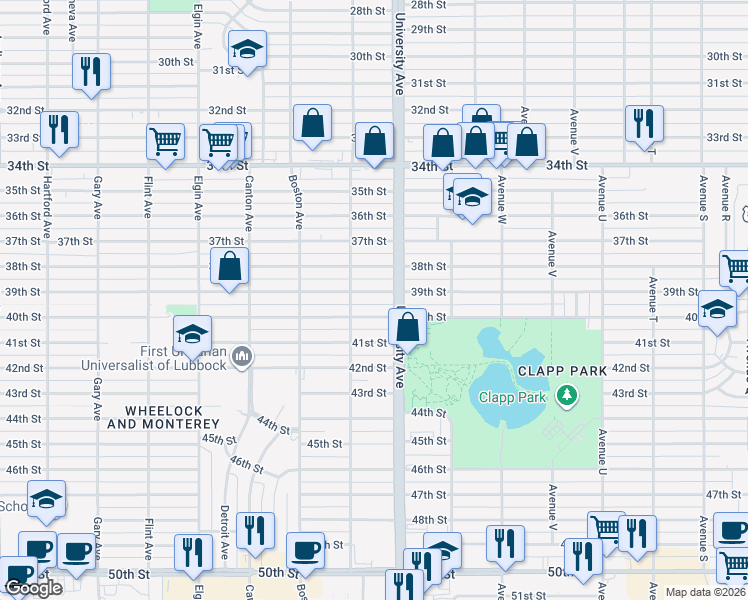 map of restaurants, bars, coffee shops, grocery stores, and more near 2506 40th Street in Lubbock