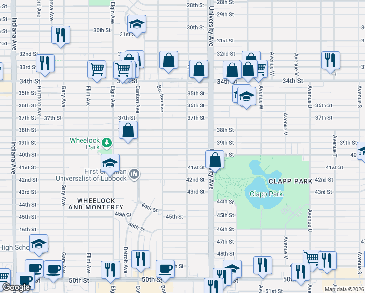 map of restaurants, bars, coffee shops, grocery stores, and more near 2520 40th Street in Lubbock