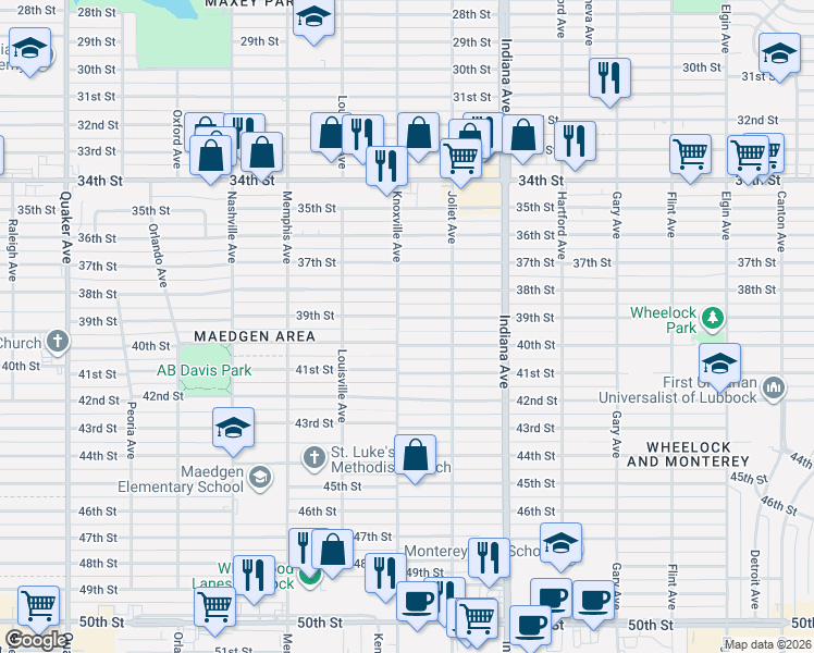 map of restaurants, bars, coffee shops, grocery stores, and more near 3520 40th Street in Lubbock