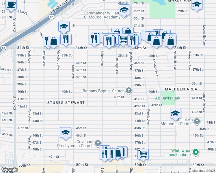 map of restaurants, bars, coffee shops, grocery stores, and more near 4513 39th Street in Lubbock
