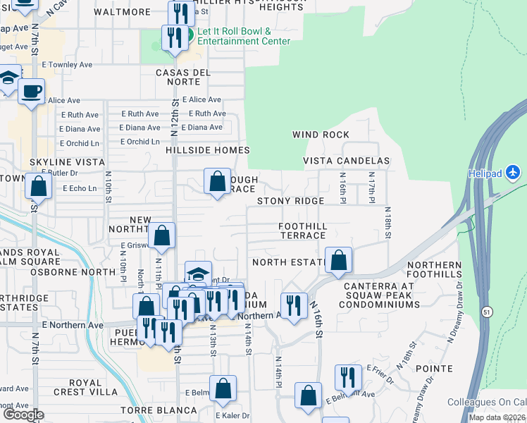 map of restaurants, bars, coffee shops, grocery stores, and more near 1412 East El Camino Drive in Phoenix