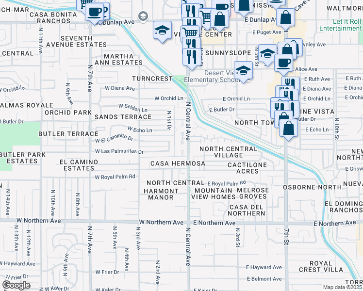 map of restaurants, bars, coffee shops, grocery stores, and more near 8402C North Central Avenue in Phoenix