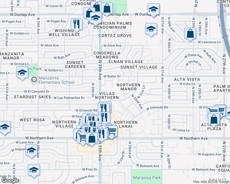 map of restaurants, bars, coffee shops, grocery stores, and more near 8215 North 34th Avenue in Phoenix