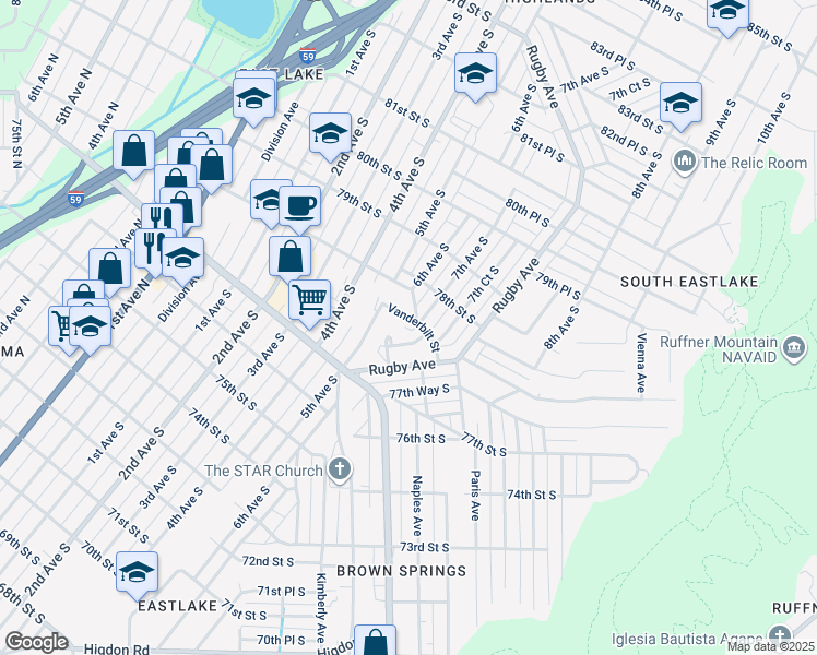 map of restaurants, bars, coffee shops, grocery stores, and more near 7715 7th Avenue South in Birmingham