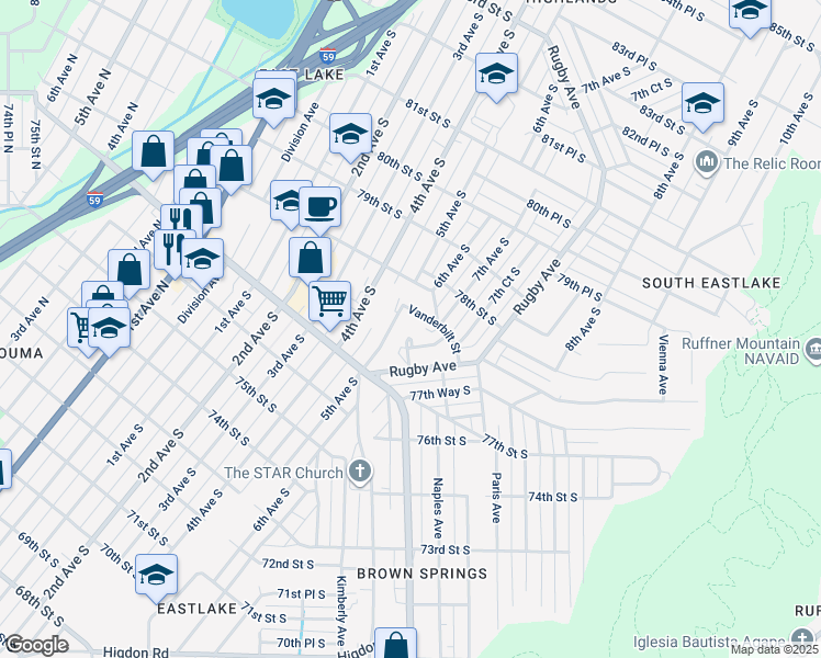 map of restaurants, bars, coffee shops, grocery stores, and more near 7740 Madrid Avenue in Birmingham