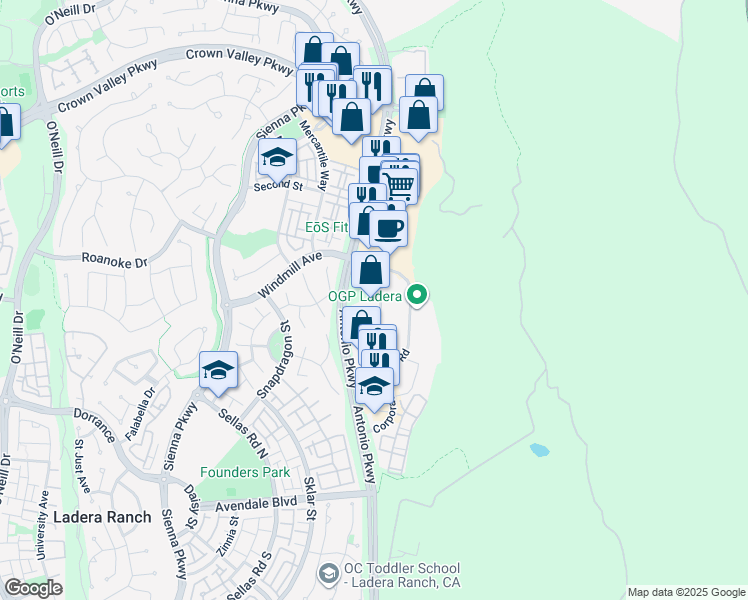 map of restaurants, bars, coffee shops, grocery stores, and more near 555 Corporate Drive in Ladera Ranch