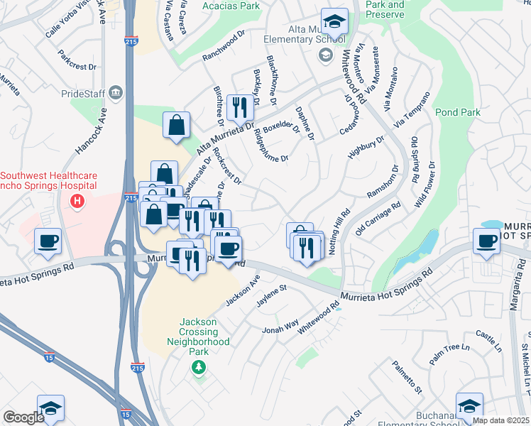 map of restaurants, bars, coffee shops, grocery stores, and more near 25751 Barclay Drive in Murrieta
