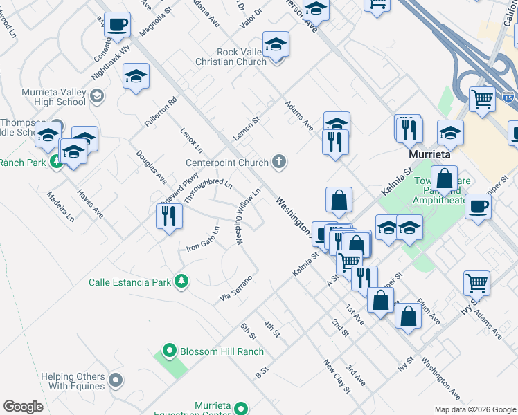 map of restaurants, bars, coffee shops, grocery stores, and more near 24403 Stallion Court in Murrieta