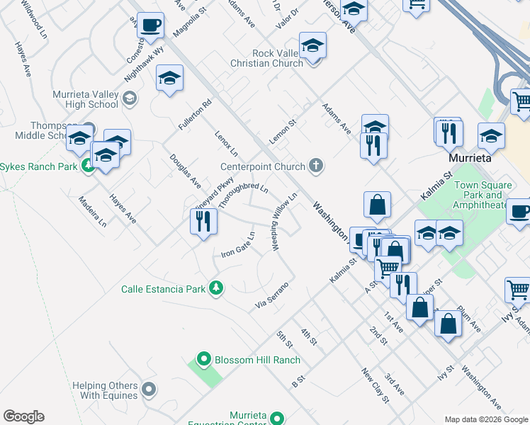 map of restaurants, bars, coffee shops, grocery stores, and more near 24395 Silver Bullet Way in Murrieta