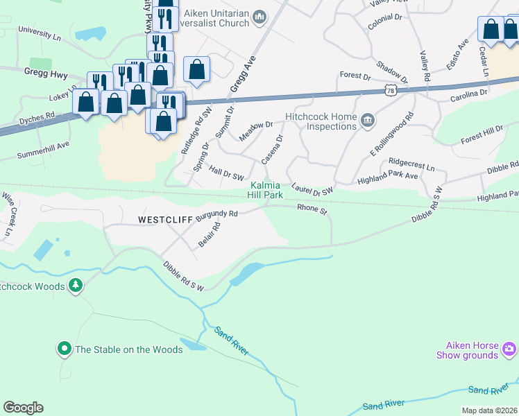 map of restaurants, bars, coffee shops, grocery stores, and more near 1 Burgundy Rd in Aiken