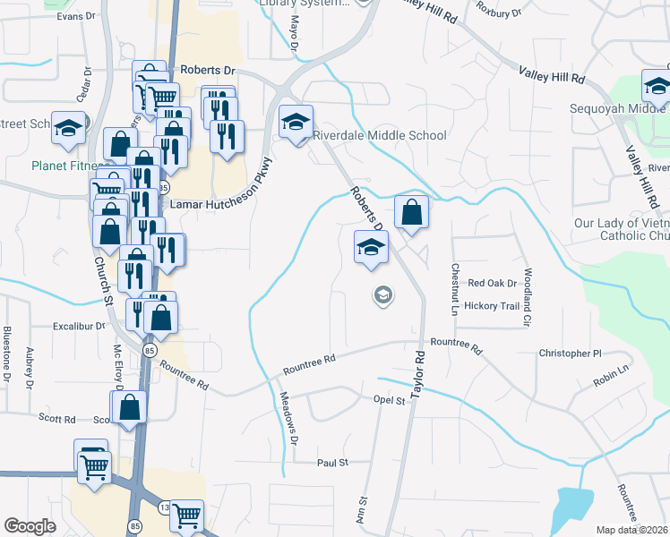 map of restaurants, bars, coffee shops, grocery stores, and more near 7189 Williamsburg Drive in Riverdale